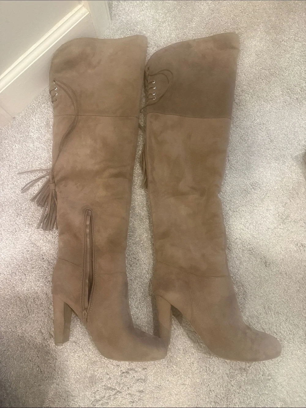 Women's Over-the-Knee Faux Suede Heeled Boots in Taupe